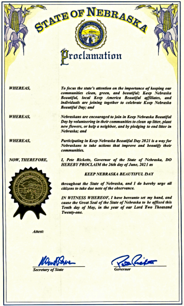 2021 06 16 PROCLAMATION Keep Nebraska Beautiful Day 2021 1