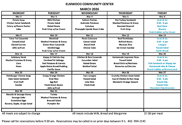 2026 03 04 Elmwood Community Center Menu March page 001